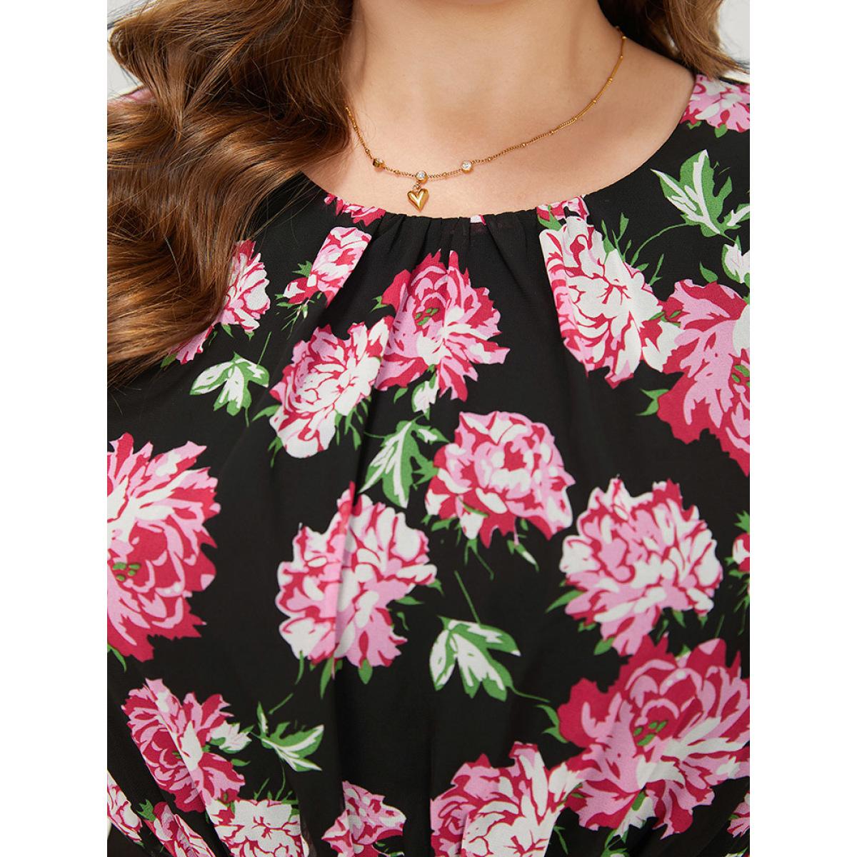 Plus Size Floral Patchwork Mesh Puff Sleeve Bodycon Dress Black Women Elegant Gathered Round Neck Short sleeve Curvy Knee Dress BloomChic 26/4X Product Image