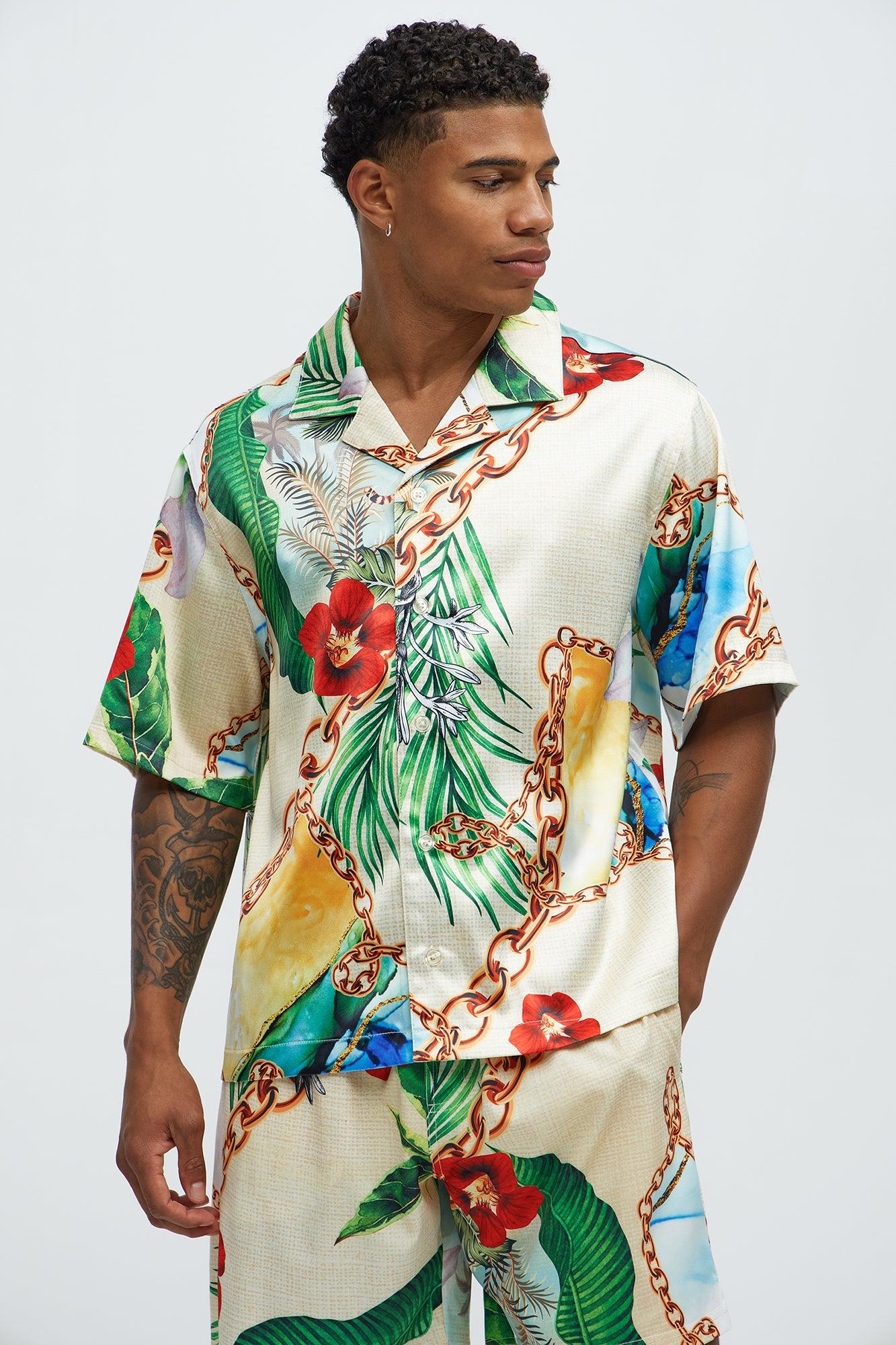 Palms And Chains Printed Cuban Collar Shirt - Multi Color Product Image