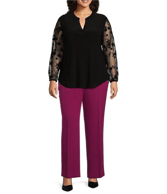 Kasper Plus Size Mix Media Split Neck Mesh Long Sleeve Top Product Image