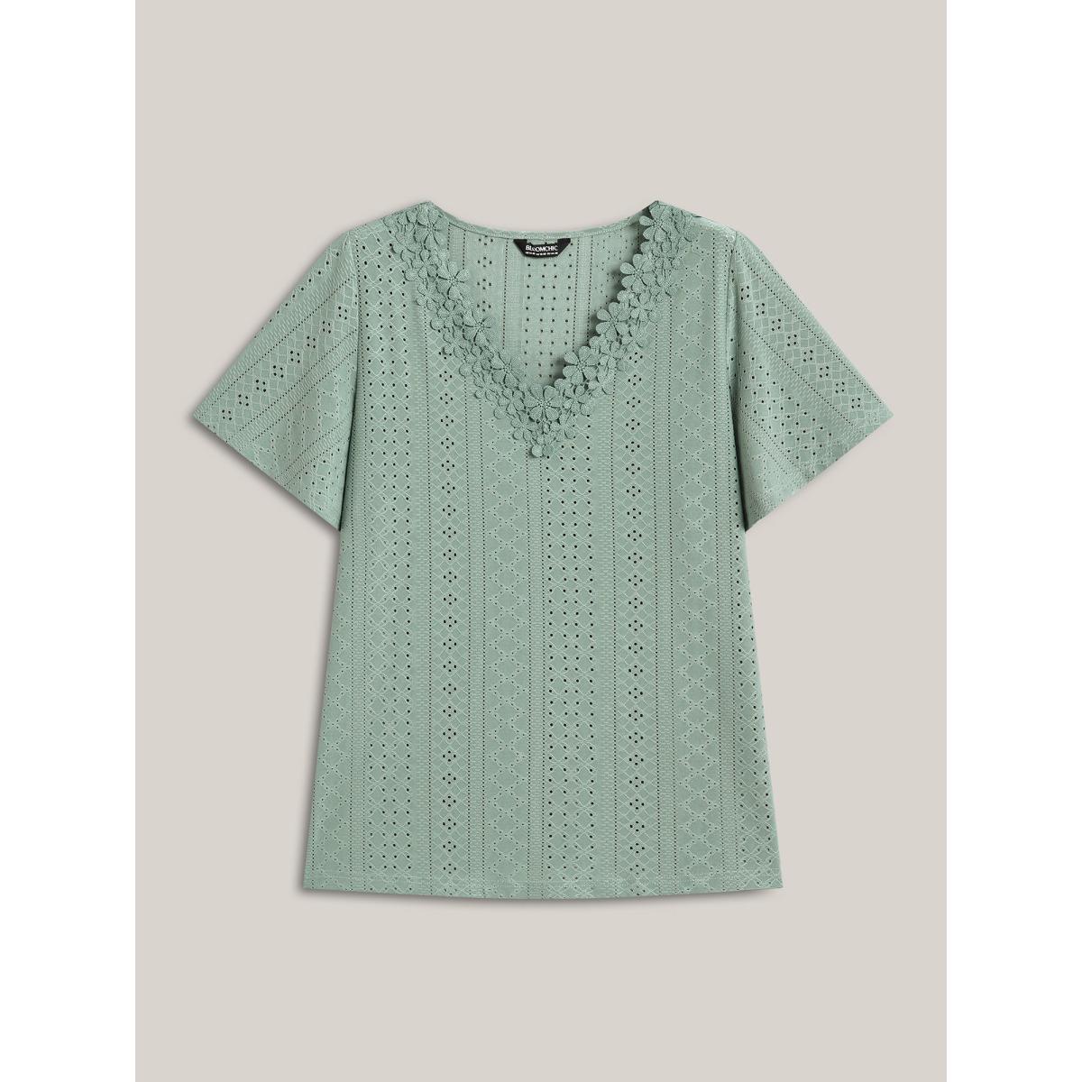 Plus Size Textured Eyelet Stretchy V-Neck T-Shirt Sage Women Woven ribbon&lace trim V-neck Everyday-Elegant T-shirts BloomChic 14-16/1X Product Image