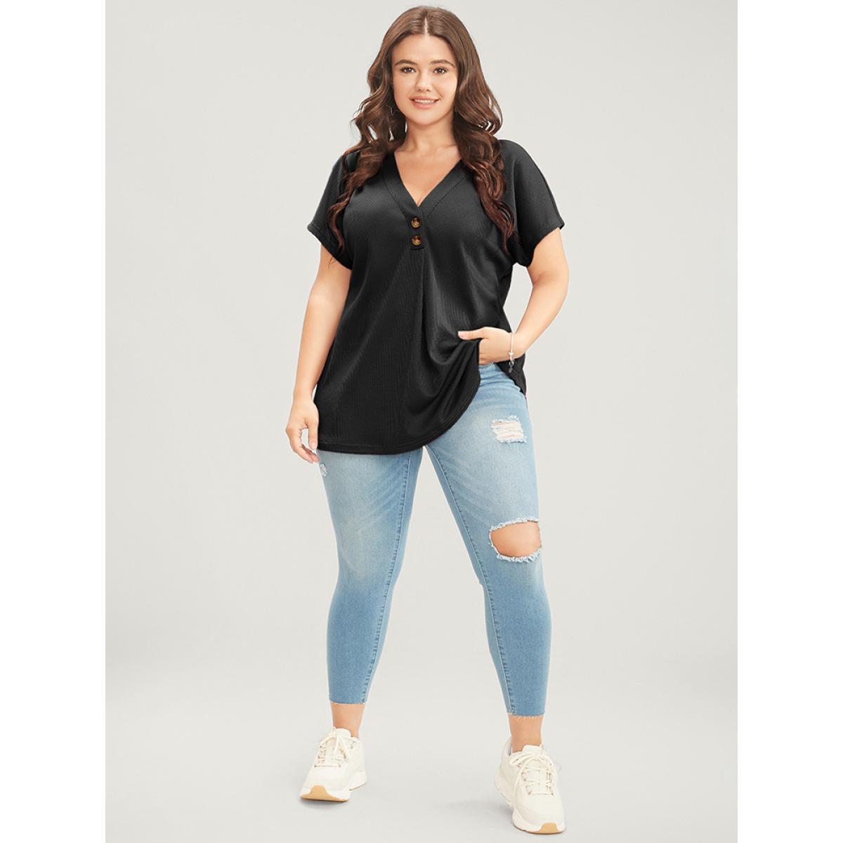 Plus Size Solid Dolman Sleeve Button Detail Waffle Knit T-shirt Black Women Casual Button Plain V-neck Dailywear T-shirts BloomChic 28/5X Product Image