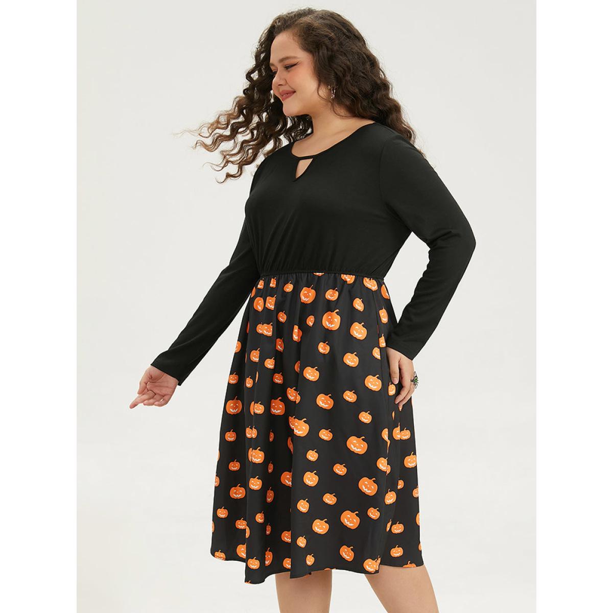 Plus Size Halloween Pumpkin Print Patchwork Keyhole Pocket Dress Black Women Office Printed Keyhole Cut-Out Long Sleeve Curvy Midi Dress BloomChic 10/M Product Image