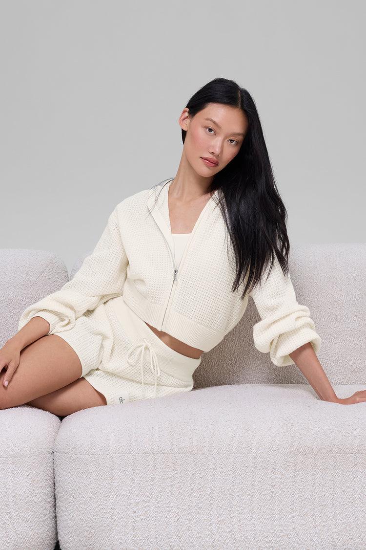 Cashmere Plush Waffle Full Zip Hoodie - Ivory Product Image