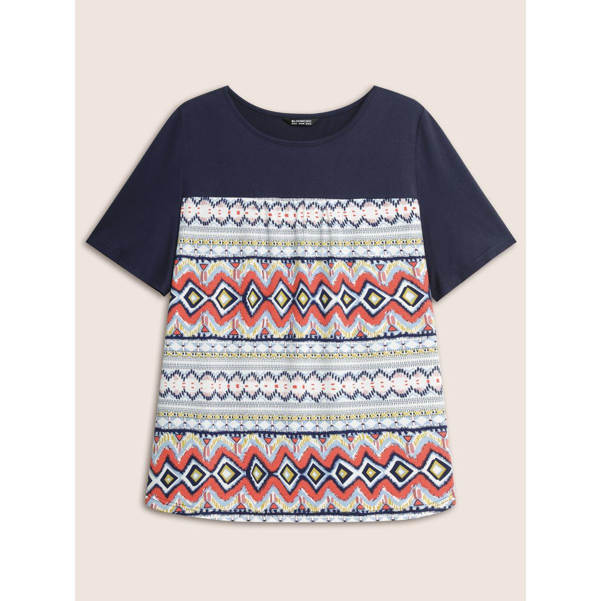 Plus Size Round Neck Bandana Print Patchwork T-shirt Indigo Women Resort Contrast Art&design Round Neck Vacation T-shirts BloomChic 12/L Product Image