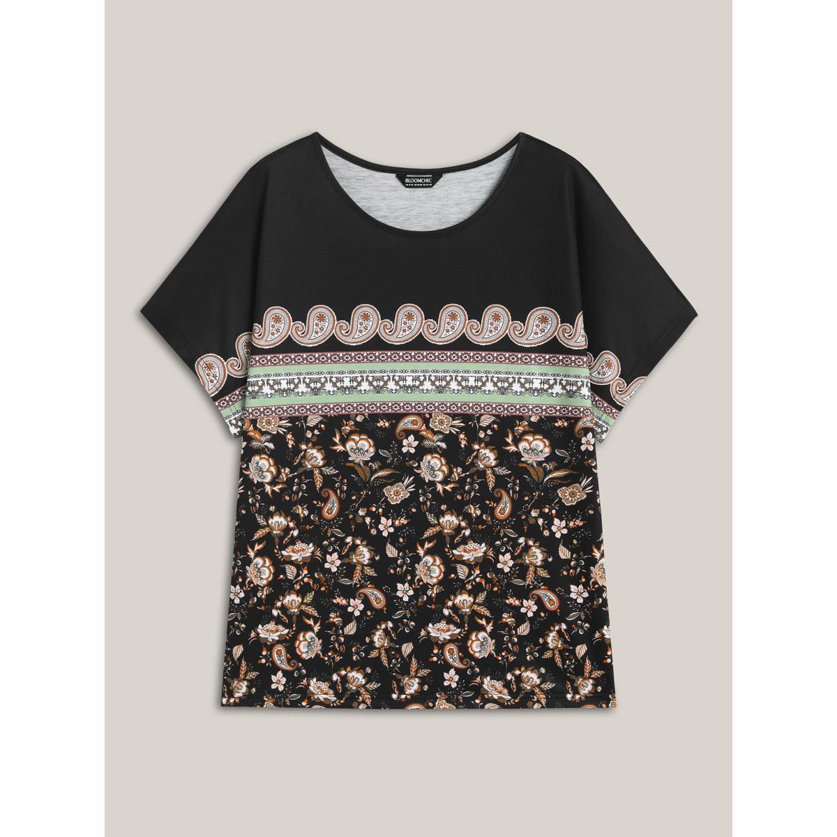 Plus Size Paisley Contrast Print Half Sleeve T-Shirt Black Women Casual Contrast Round Neck Vacation T-shirts BloomChic 26/4X Product Image