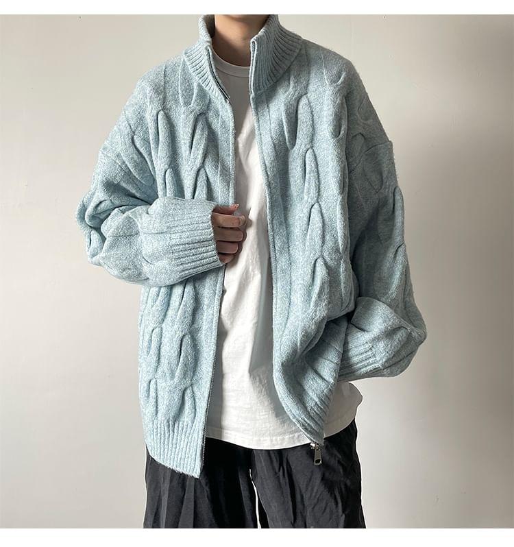 Stand Collar Plain Cable Knit Zip Cardigan Product Image