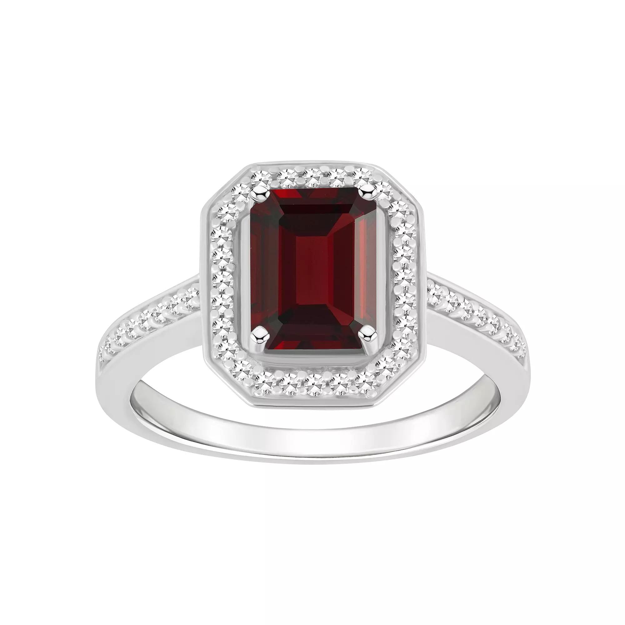 Celebration Gems Sterling Silver 8 mm x 6 mm Emerald Cut Gemstone & 1/5 Carat T.W. Diamond Halo Ring, Women's, Red Product Image