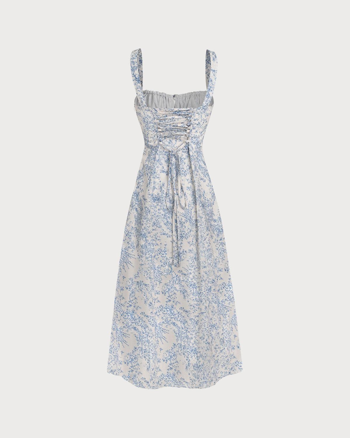 Blue Floral Ruched Slip Midi Dress Product Image