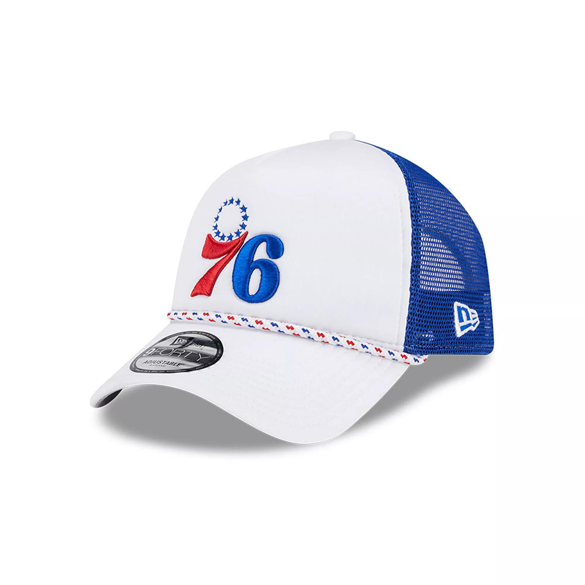 Men's New Era White/Royal Philadelphia 76ers Court Sport Foam A-Frame 9FORTY Adjustable Trucker Hat, 76r White Product Image