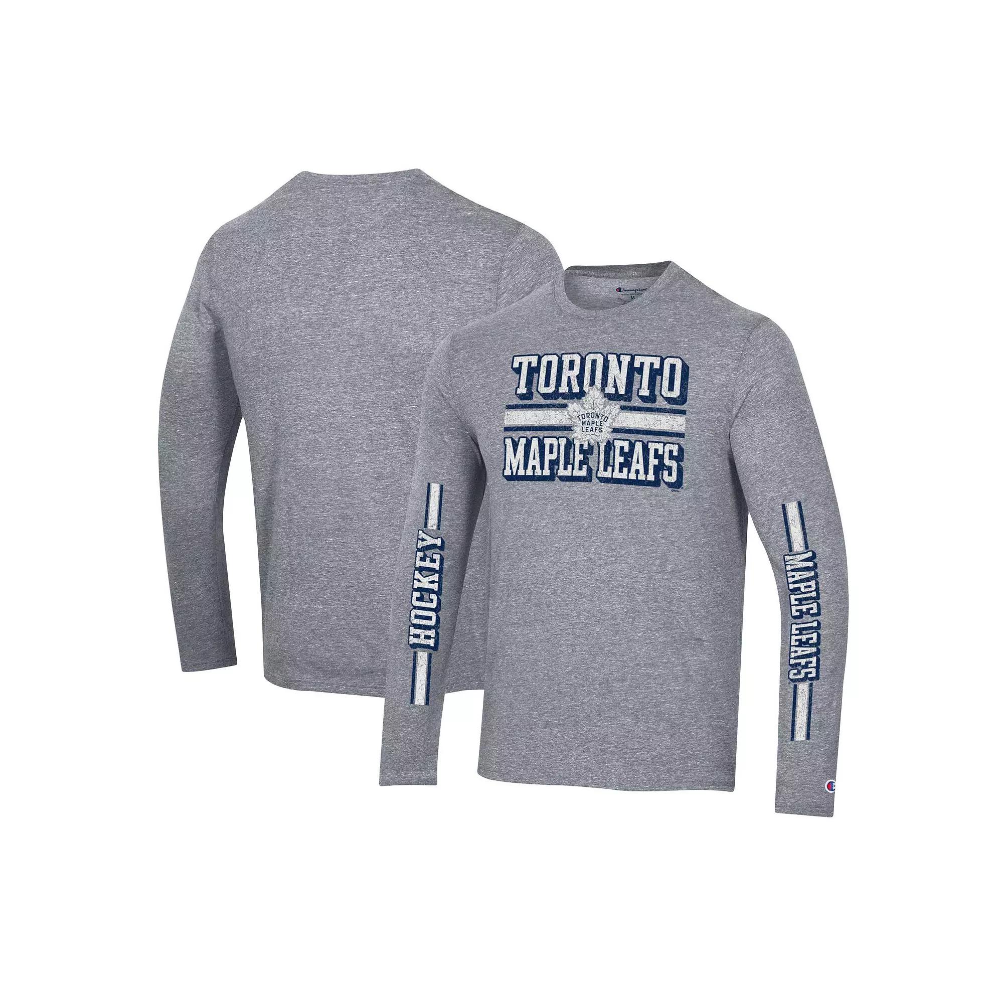 Men's Champion Heather Gray Toronto Maple Leafs Tri-Blend Dual-Stripe Long Sleeve T-Shirt, Size: 2XL, Mpl Grey Product Image
