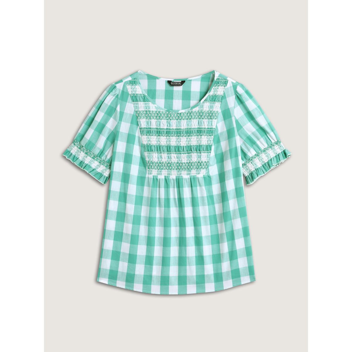 Plus Size Turquoise Cotton Plaid Print Shirred Neck Puffy Blouse Women Short sleeve Round Neck Everyday-Casual Blouses BloomChic 26/4X Product Image