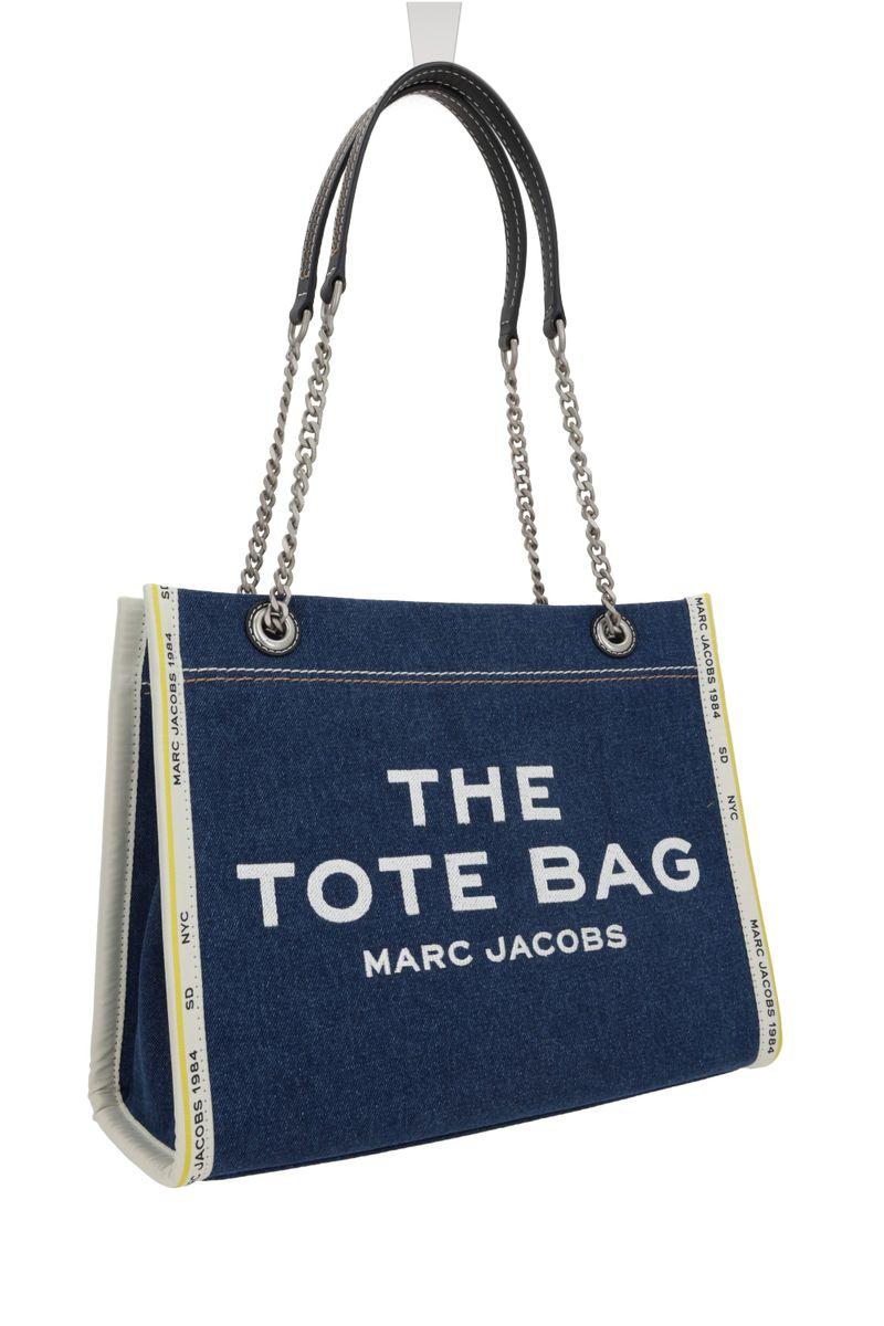 MARC JACOBS The Medium Tote In Blue Denim With Embroidered Logo In Dark Wash Product Image