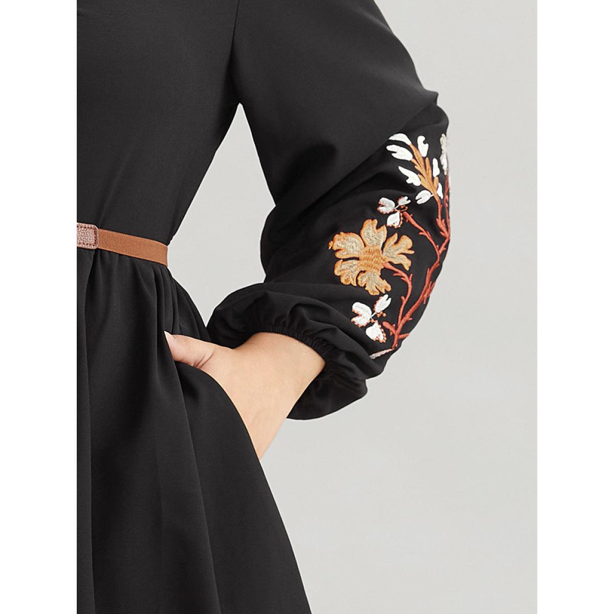 Plus Size Floral Embroidered Ruched Square Neck Dress Black Women Vacation Elastic cuffs Square Neck Long Sleeve Curvy Midi Dress BloomChic 30/6X Product Image