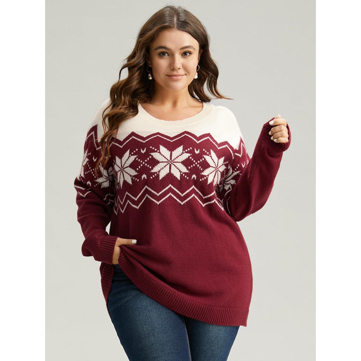Plus Size Supersoft Essentials Snowflake Colorblock Pullover Scarlet Women Casual Loose Long Sleeve Round Neck Festival-Christmas Pullovers BloomChic 18-20/2X Product Image