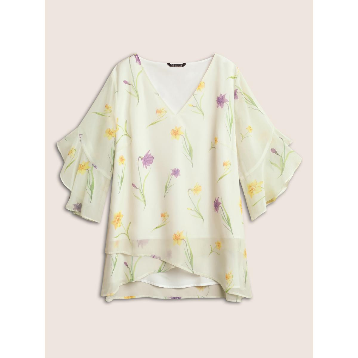 Plus Size Ivory Floral Tiered Mesh Asymmetrical Hem Blouse Women Elegant Everyday Blouses BloomChic 18-20/2X Product Image