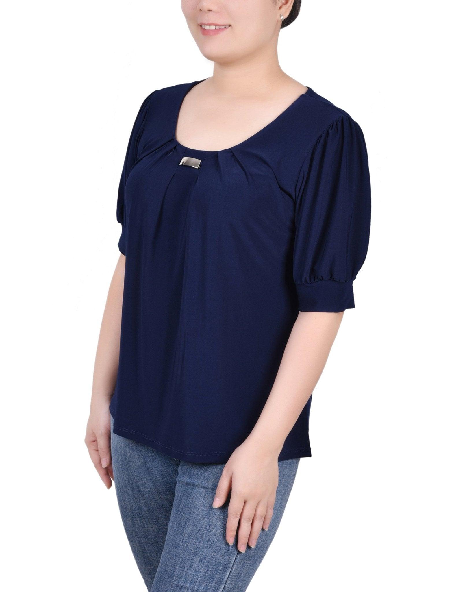 Navy Short Sleeve Balloon Sleeve Top With Hardware Product Image