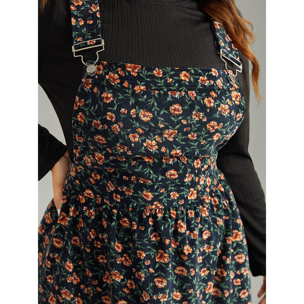 Plus Size Corduroy Ditsy Floral Pocket Adjustable Straps Dress Indigo Women Casual Adjustable Straps Spaghetti Strap Sleeveless Curvy Knee Dress BloomChic 18-20/2X Product Image