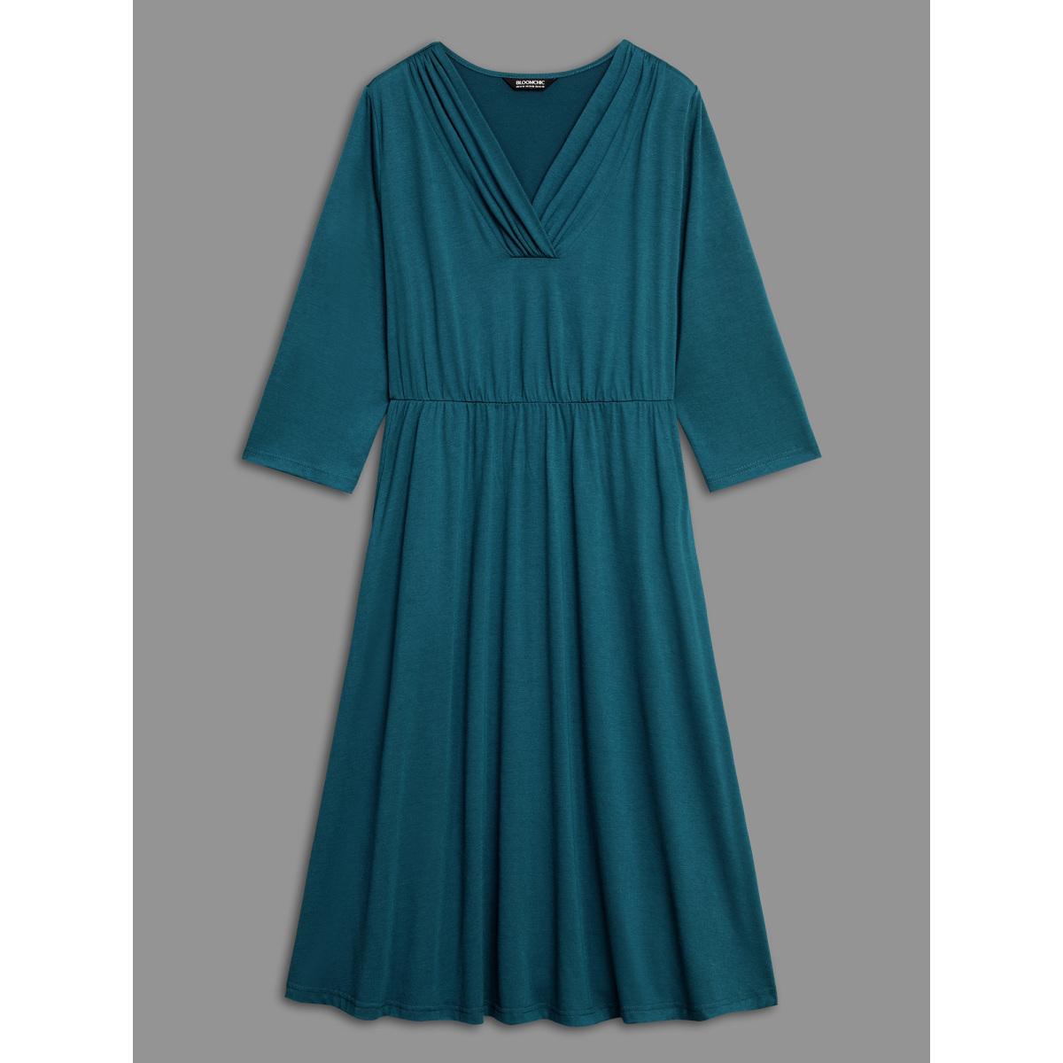 Plus Size V Neck Gathered Midi Knit Dress Aegean Women Casual Gathered Knit Dresses Bloomchic 28/5X Product Image