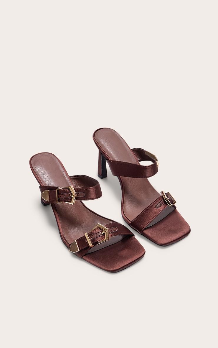 Chocolate Satin Wide Fit Square Toe Buckle Strap High Stiletto Heeled Mules Product Image