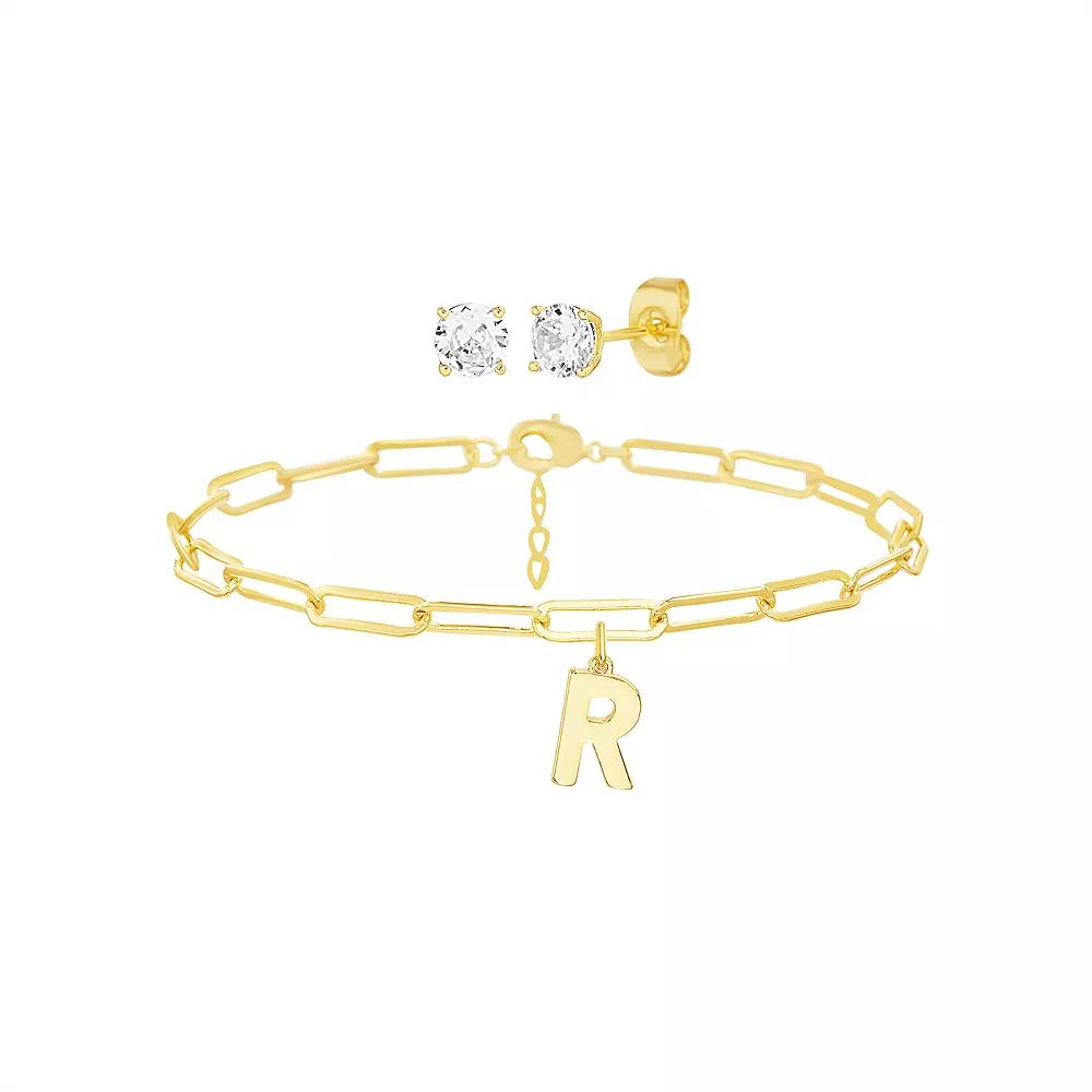 Paige Harper 14k Gold Plated Initial Charm Bracelet & Cubic Zirconia Stud Earring Set, Women's, Size: 7.5-8.5"AD, Gold Tone R Product Image