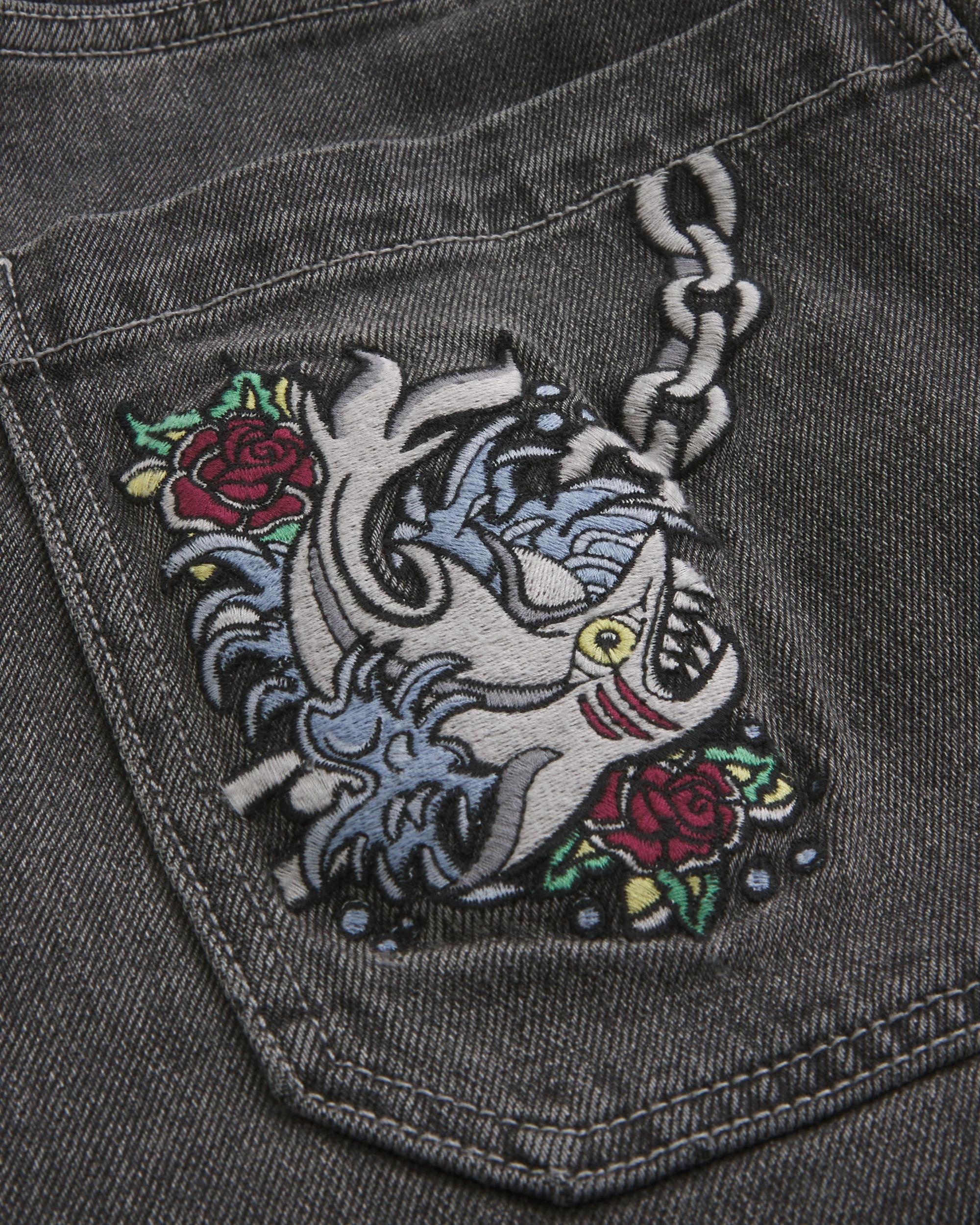 Washed Black Embroidered Baggy Jeans Product Image