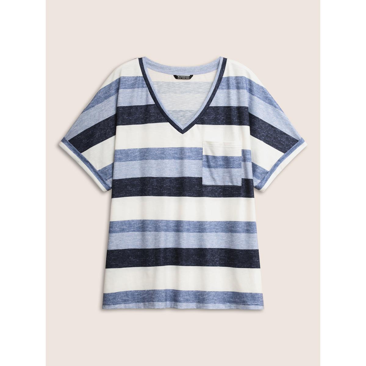 Plus Size Stripes Dolman Sleeve Patch Pocket T-shirt Blue Women Casual V-neck Everyday T-shirts BloomChic 26/4X Product Image
