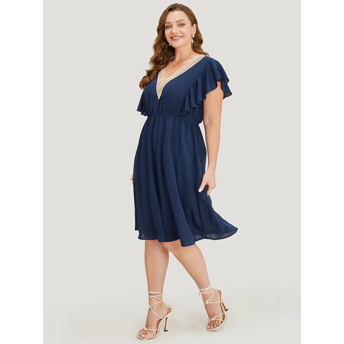 Plus Size Solid Contrast Lace V Neck Pocket Flutter Trim Dress DarkBlue Women Elegant Lace V-neck Cap Sleeve Curvy Knee Dress BloomChic 10/M Product Image