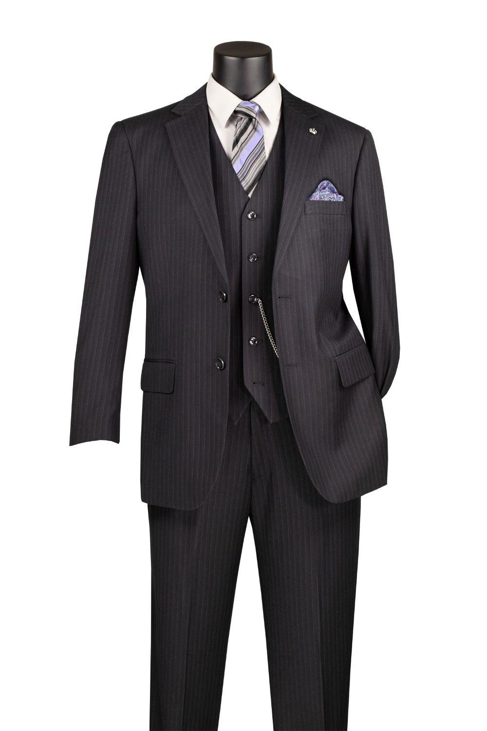 Sovana Collection - Regular Fit 3 Piece Suit 2 Button Tone on Tone Stripe in Black Product Image