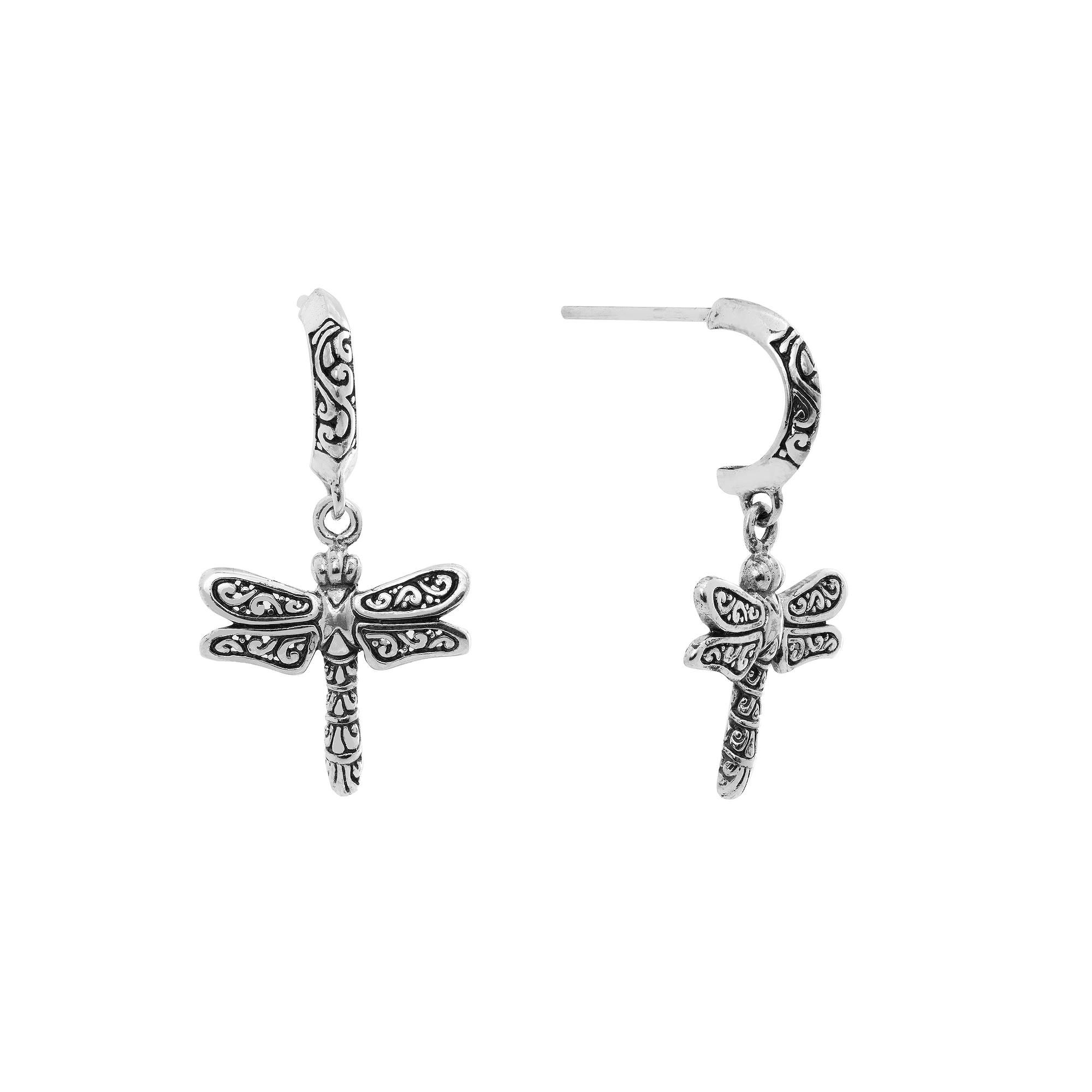Main and Sterling Oxidized Sterling Silver Dragonfly Drop Hoop Earrings, Women's Product Image