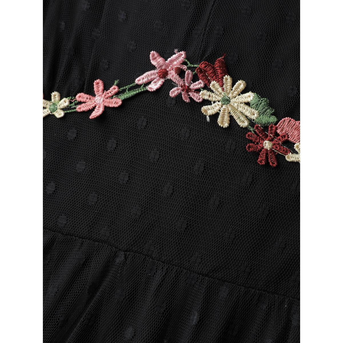 Plus Size Floral Embroidery Sheer Detail Midi Dress Black Women Formal Heart neckline Long Sleeve Curvy BloomChic 28/5X Product Image