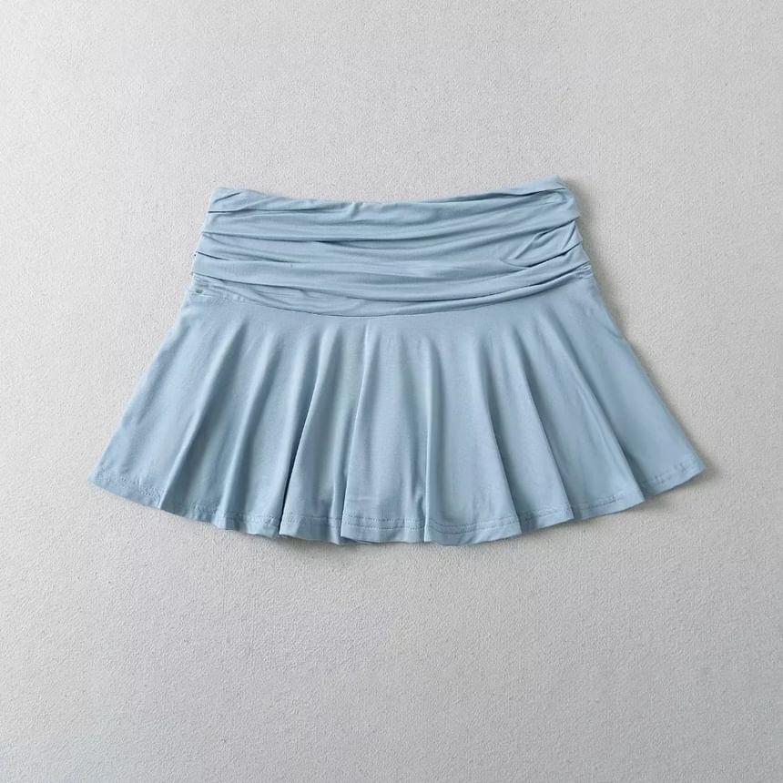 High Waist Ruched Plain Mini Pleated Skirt Product Image