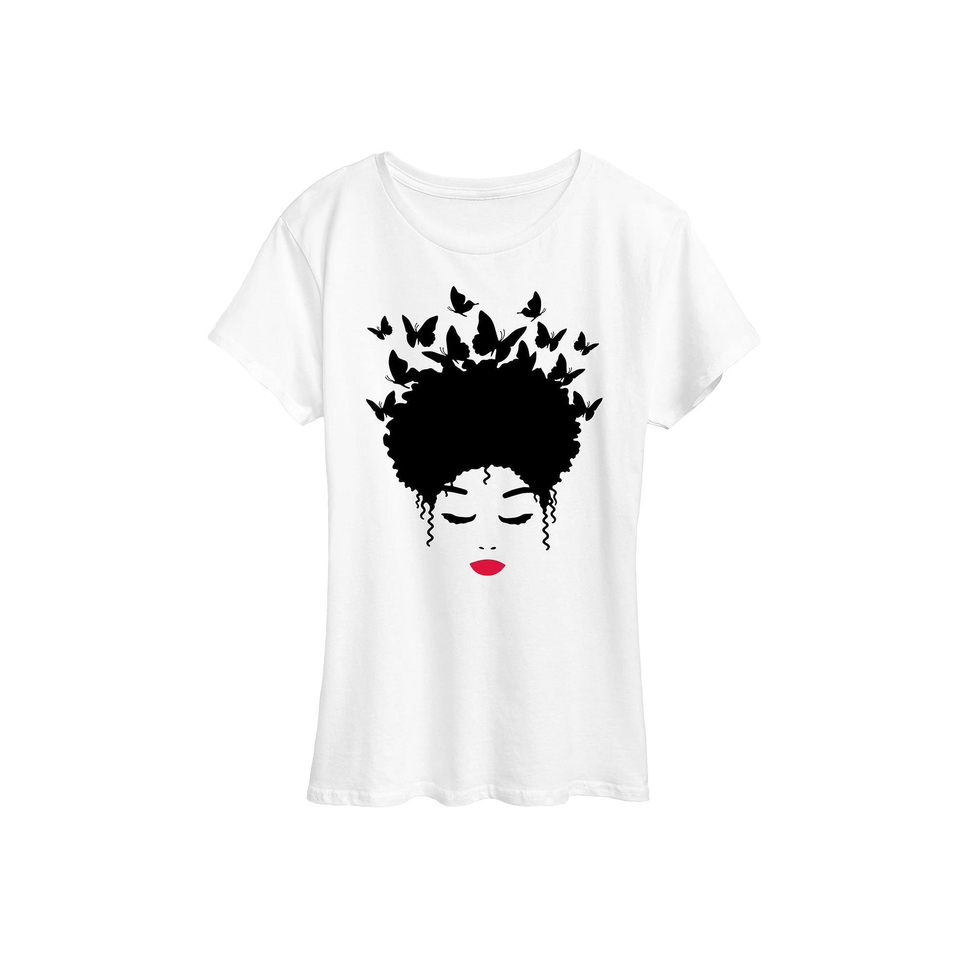 Women's Black Butterfly Hair Graphic Tee,  Product Image