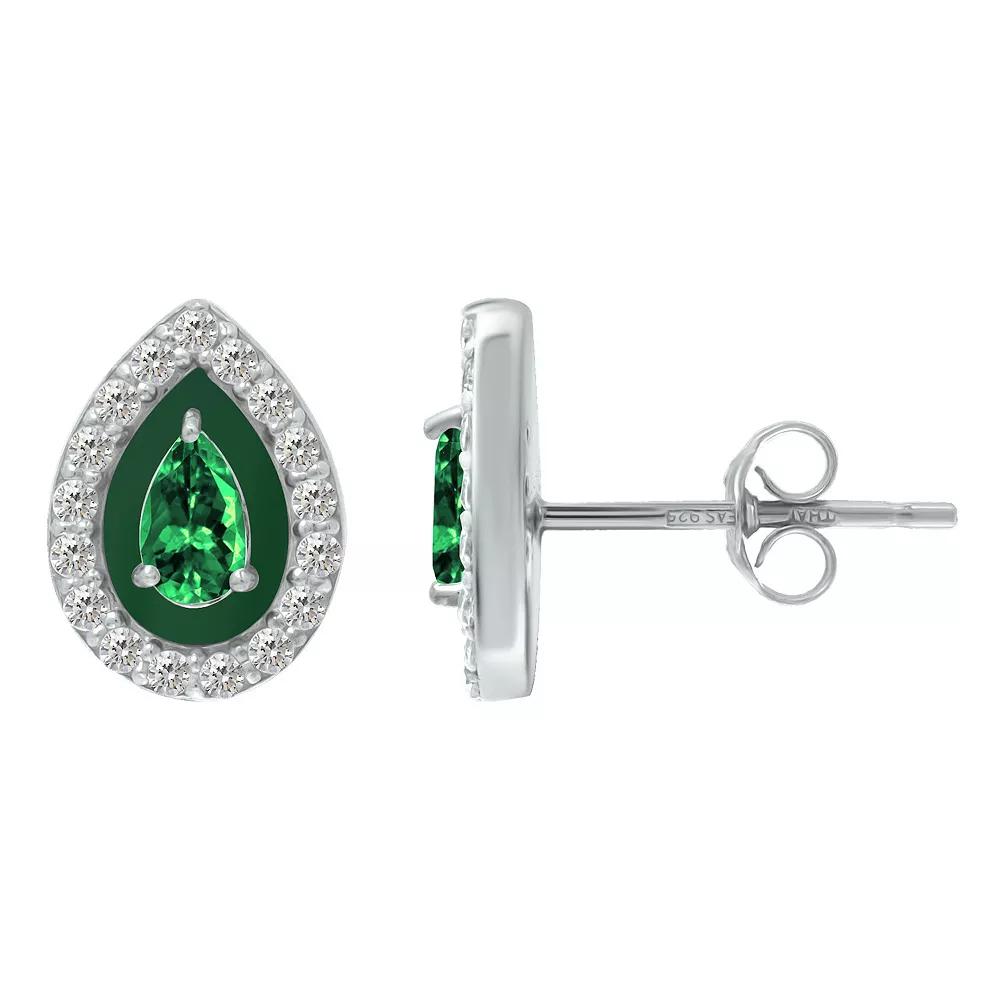 Aleure Precioso Sterling Silver Enamel & Cubic Zirconia Pear Shaped Halo Stud Earrings, Women's, Green Product Image