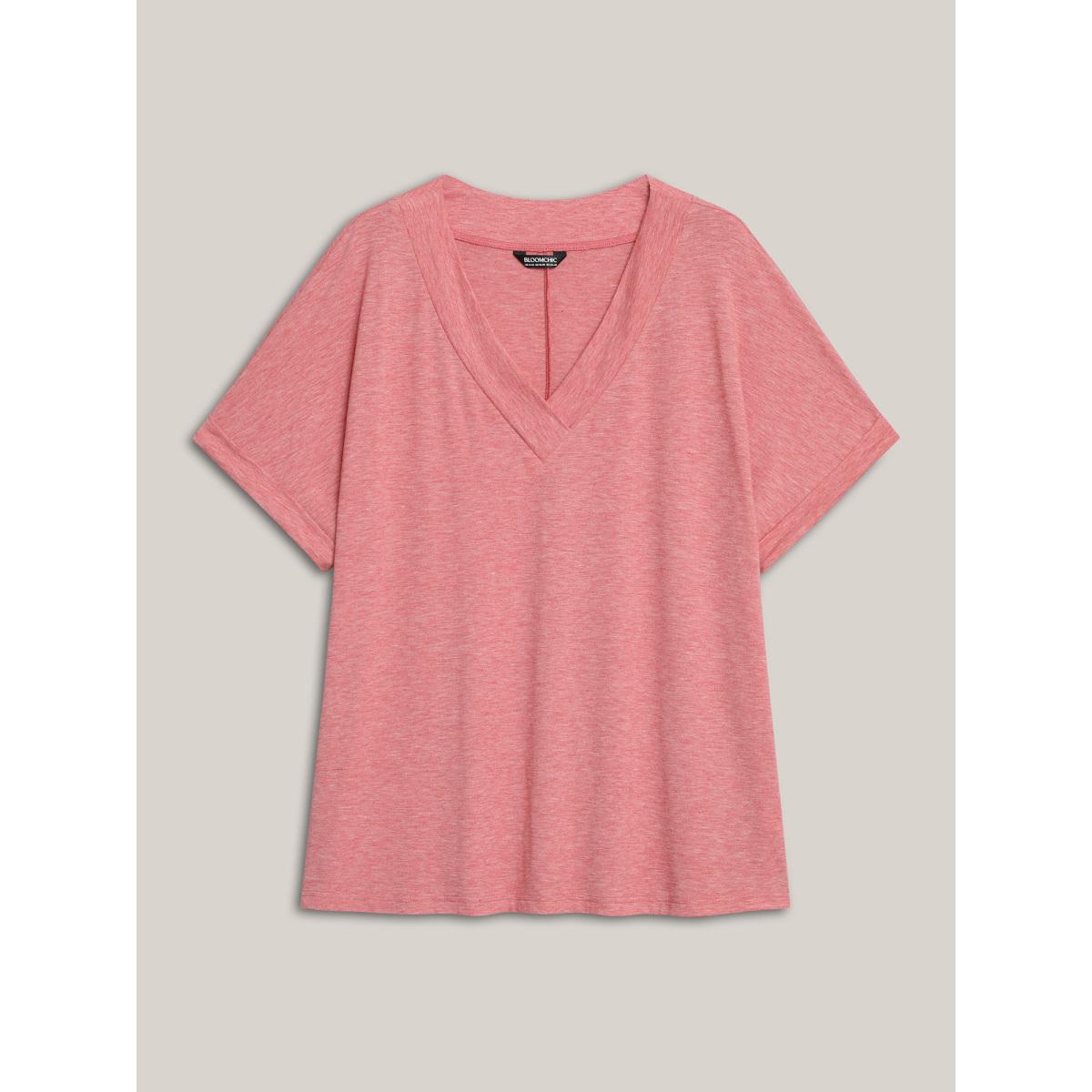 Plus Size Stretchy Heathered V-Neck Solid T-Shirt Beanpastepowder Women Casual Roll Hem V-neck Everyday T-shirts BloomChic 28/5X Product Image