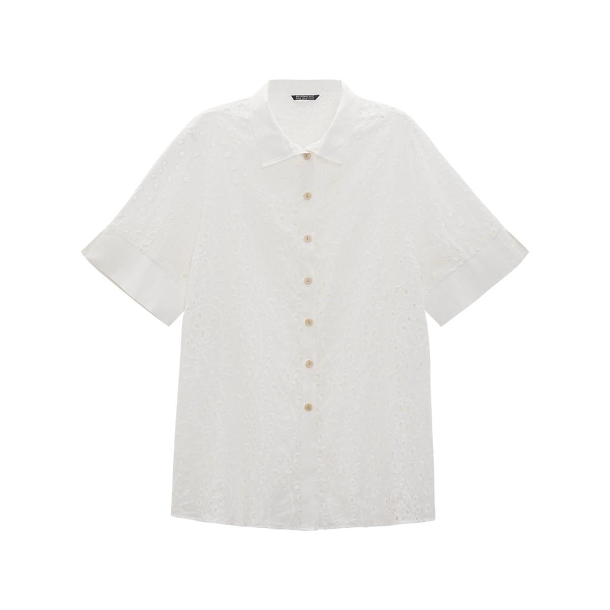 Plus Size Plain Shirt Collar Broderie Anglaise Open Front Kimono Women White Casual Patchwork Dailywear Kimonos BloomChic 14-16/1X Product Image