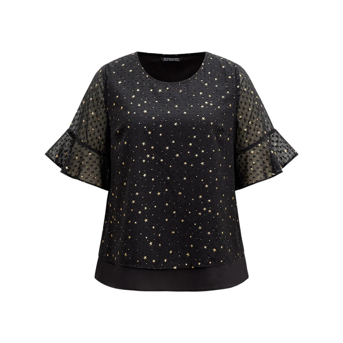 Plus Size Black Star Glitter Flutter Sleeve Mesh Blouse Women Glamour Half Sleeve Round Neck Festival-Christmas Blouses BloomChic 14-16/1X Product Image