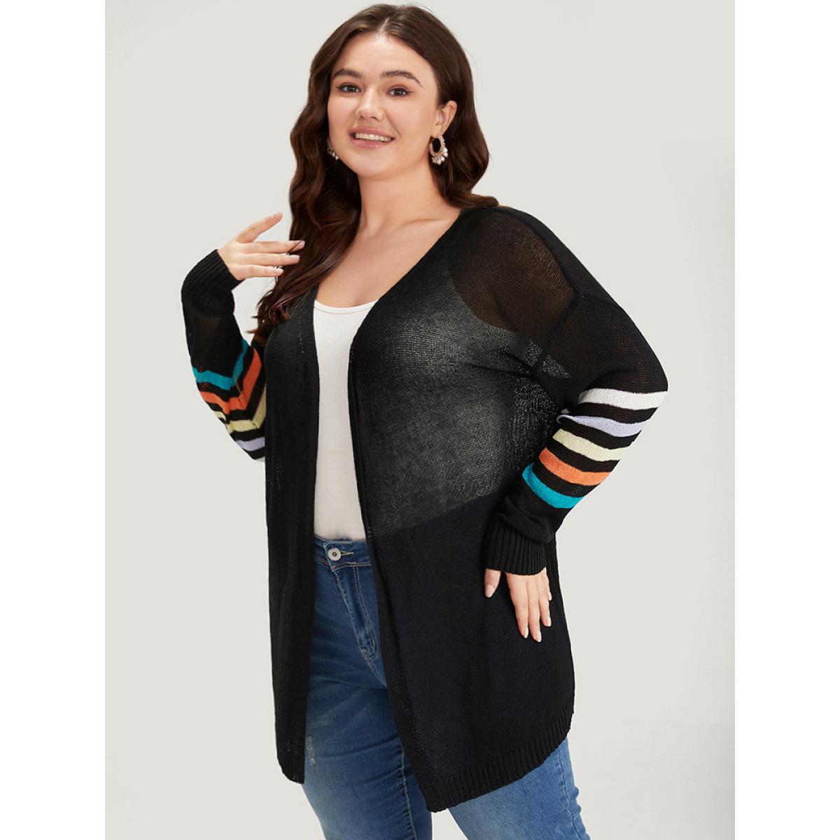Plus Size Rainbow Striped Open Front Drop Shoulder Cardigan Black Women Casual Loose Long Sleeve Dailywear Cardigans BloomChic 12/L Product Image