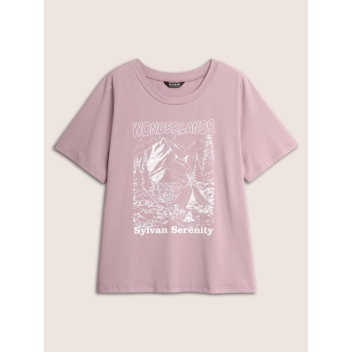 Plus Size Cotton Landscape Pattern Round Neck T-shirt Dirtypink Women Casual Contrast Natural Flowers Round Neck Everyday T-shirts BloomChic 10/M Product Image