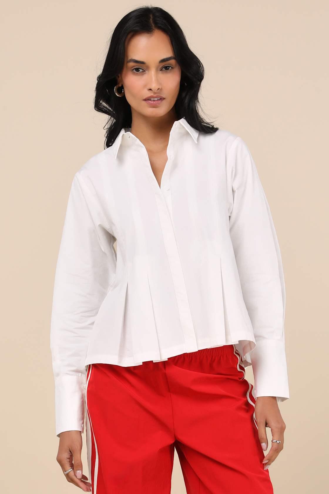 Convincingly Chic Ivory Pleated Long Sleeve Button-Up Top Product Image