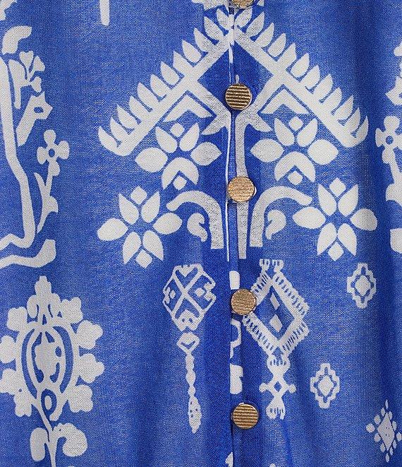 Calessa Mesh Knit Split V-Neck 3/4 Sleeve Border Henna Print Tunic Product Image