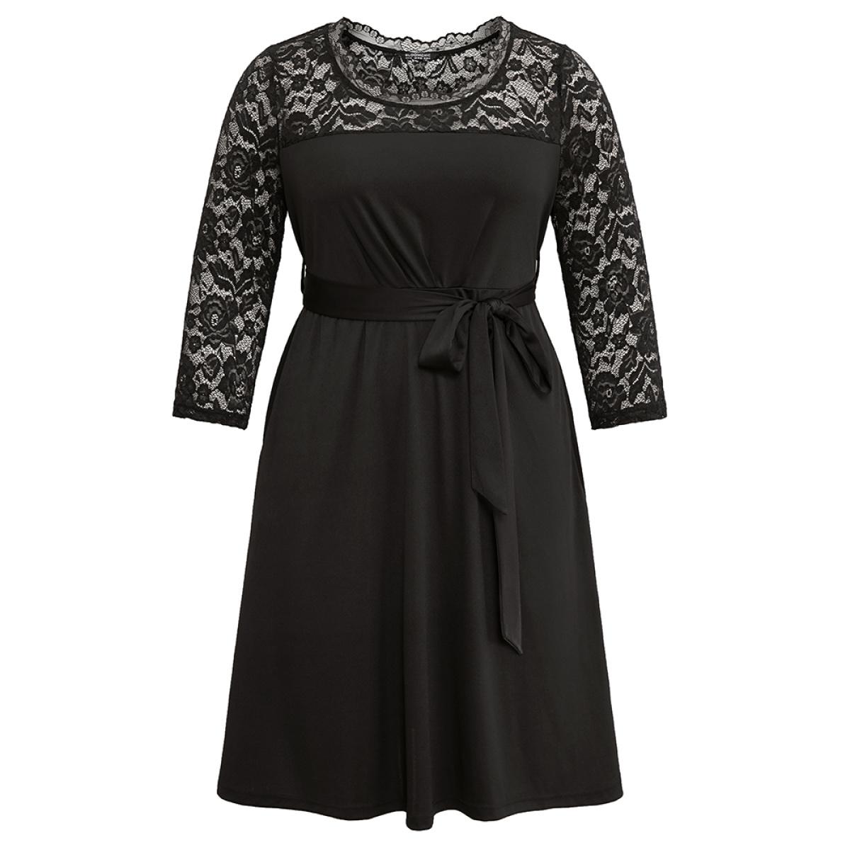 Plus Size Plain Crochet Lace Mesh Pocket Belted Dress Black Women Cocktail See through Round Neck Long Sleeve Curvy Midi Dress BloomChic 14-16/1X Product Image