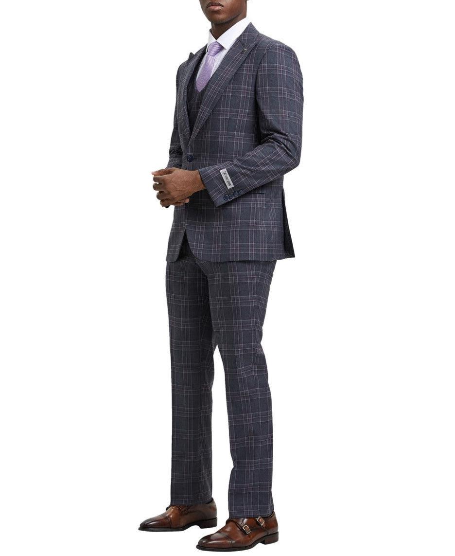 Stacy Adams - Grey 3 Piece 2 Button Plaid Peak Lapel Suit Product Image