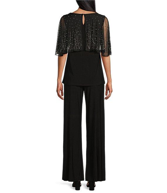 Marina Beaded Short Capelet Sleeve Round Neck Matte Jersey 2-Piece Pant Set Product Image
