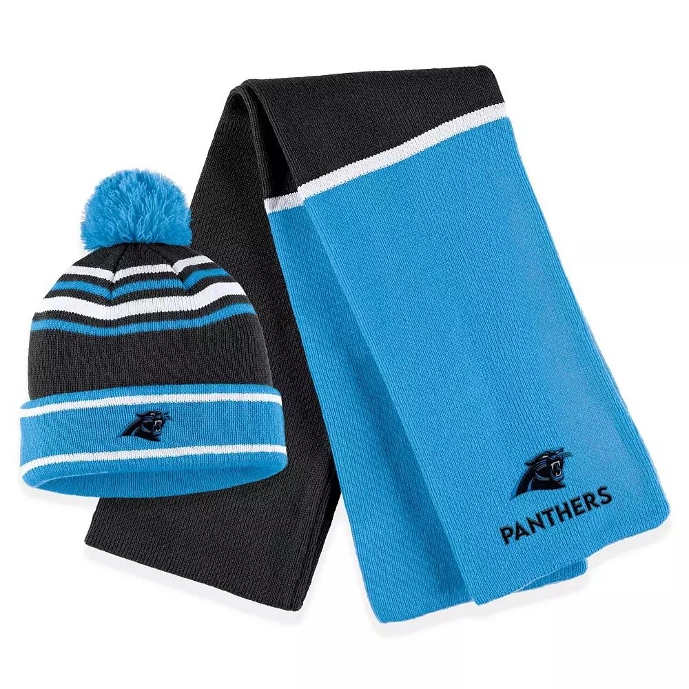 Women's WEAR by Erin Andrews Blue Carolina Panthers Colorblock Cuffed Knit Hat with Pom and Scarf Set Product Image