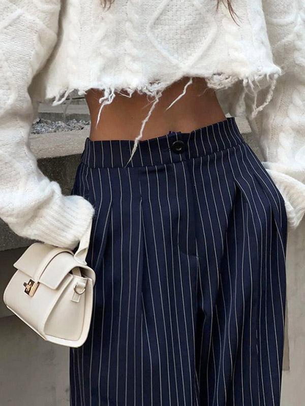 High Waisted Wide Pants Buttoned Striped Pants Trousers Product Image