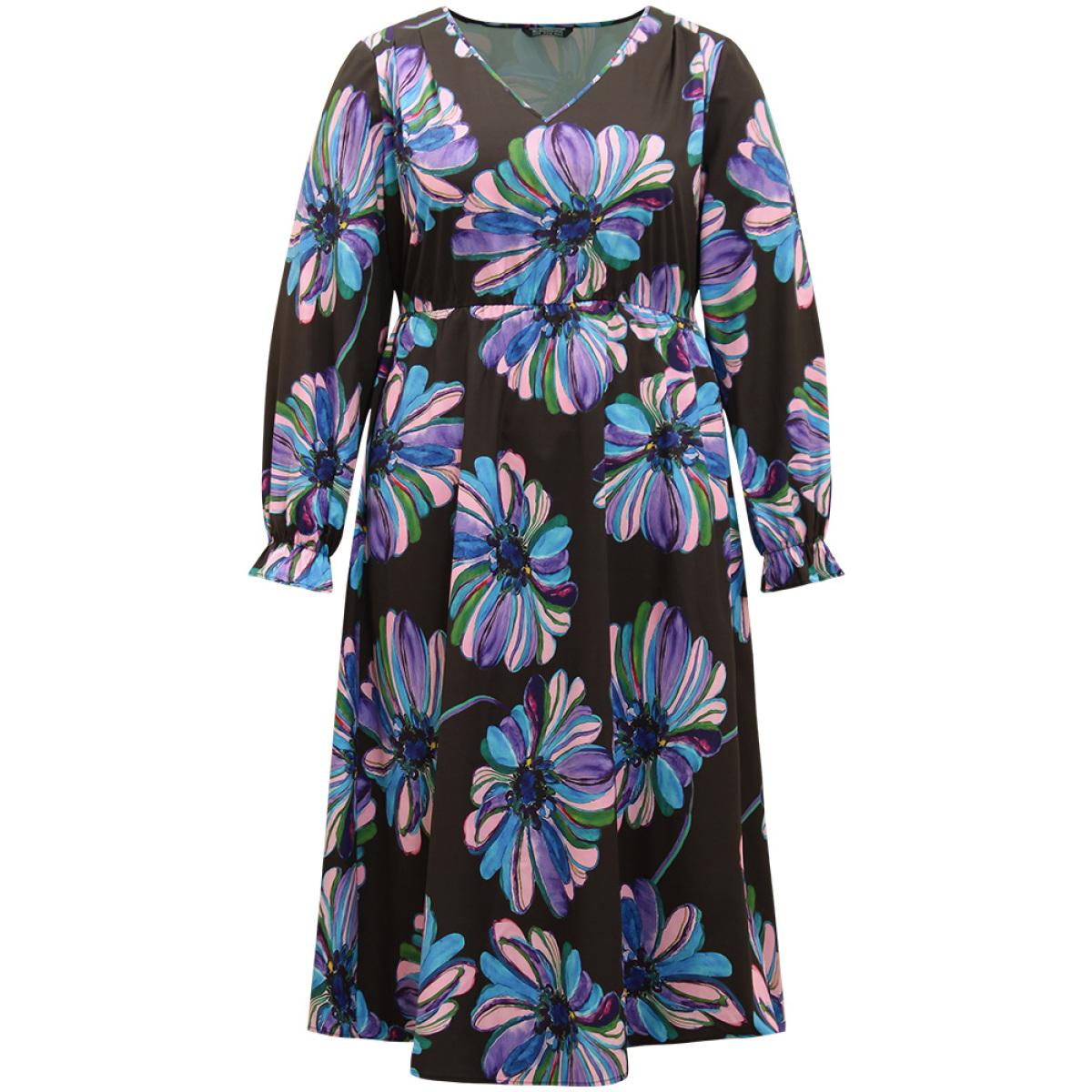 Plus Size Floral Print Flutter Trim Dress Black Women Office Printed V-neck Long Sleeve Curvy Midi Dress BloomChic 22-24/3X Product Image