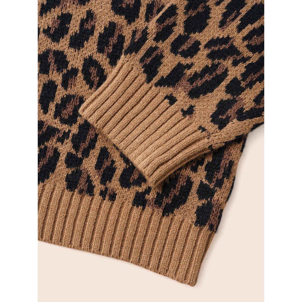 Plus Size V Neck Leopard Print Jacquard Pullover Yellowishbrown Women Casual Loose Long Sleeve V-neck Everyday Pullovers BloomChic 18-20/2X Product Image