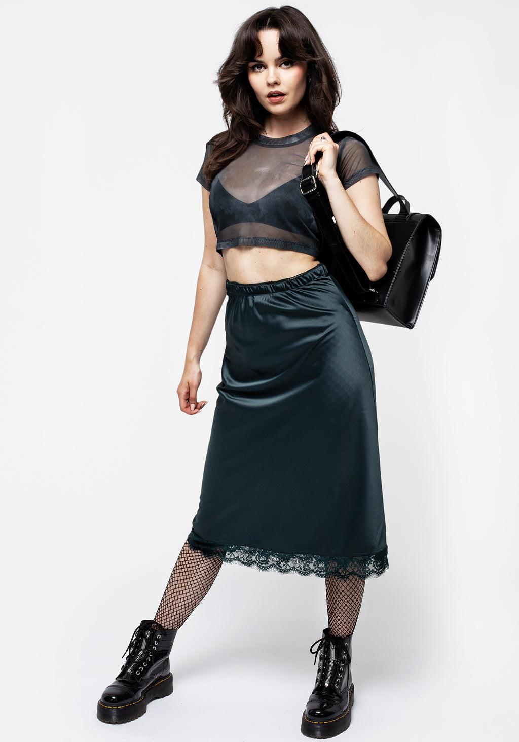 Medeina Lace Trim Satin Midi Skirt - Green Product Image