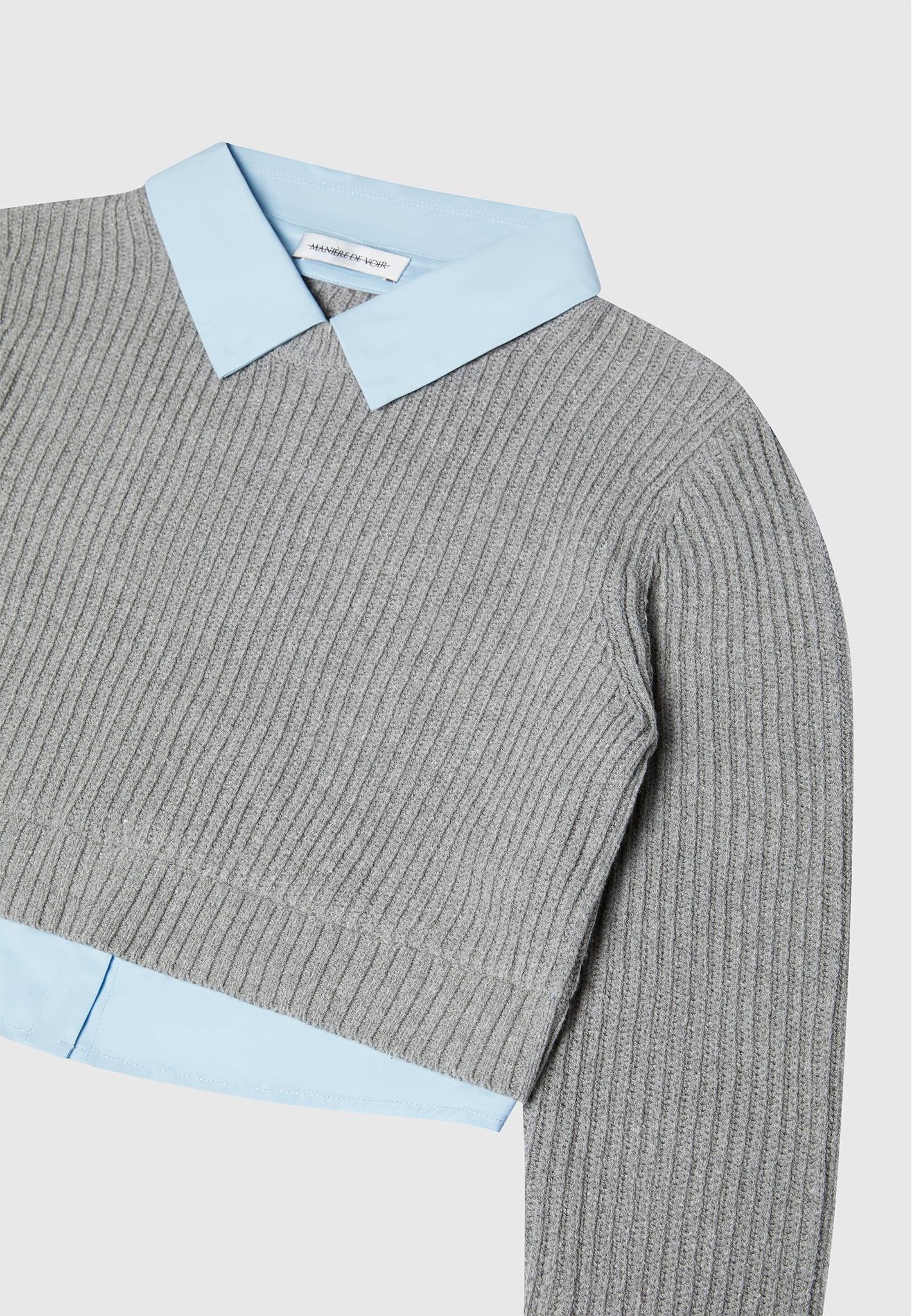 Knitted Jumper with Shirt Detail - Blue/Grey Female Product Image
