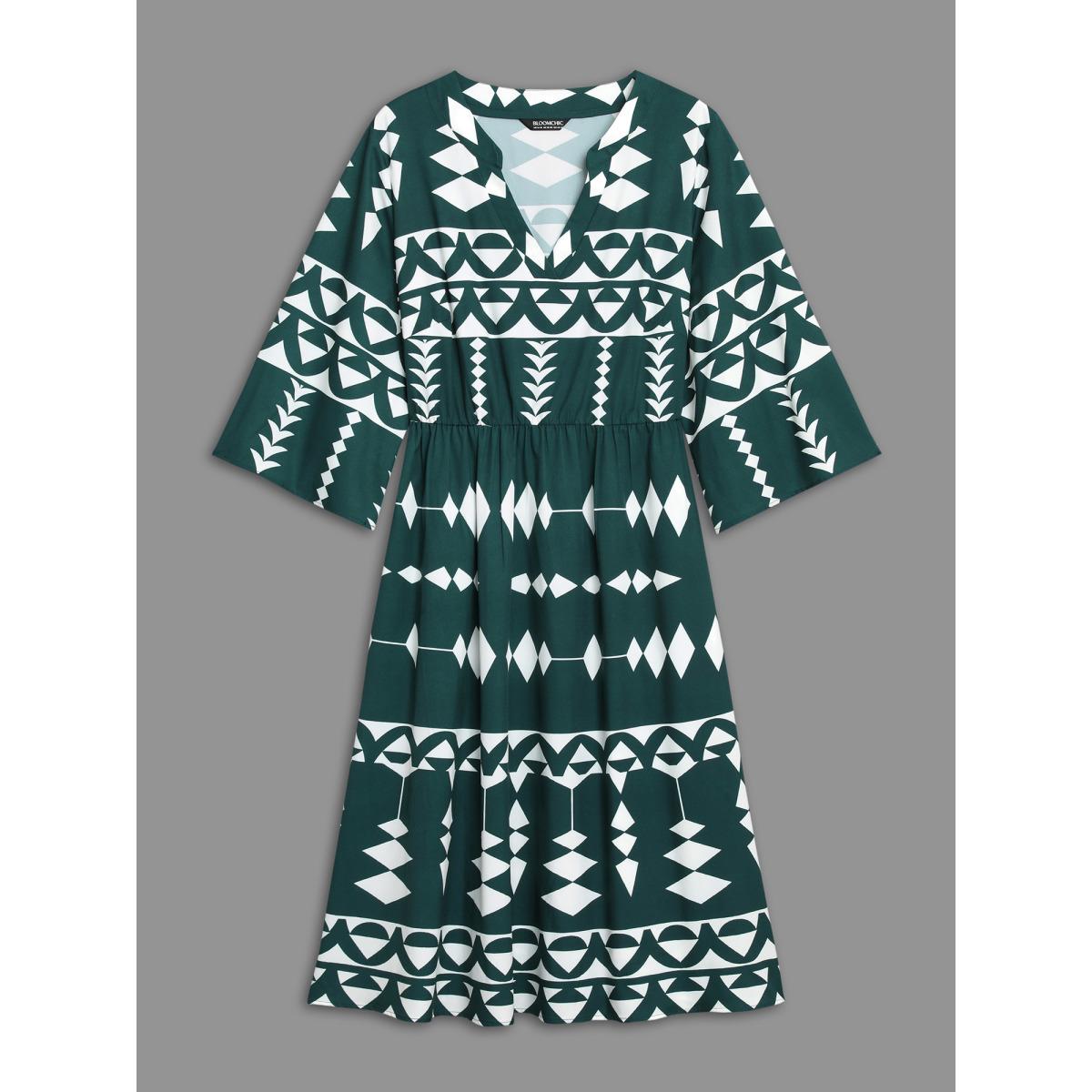 Plus Size Geometric Pattern Elastic Waist Midi Dress Cyan Women Resort Non Flat collar with V-notch Elbow-length sleeve Curvy BloomChic 22-24/3X Product Image